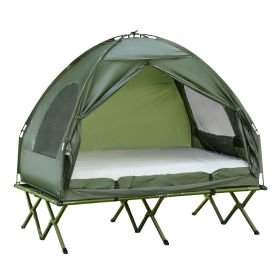 2-Person Foldable Camping Cot, Portable Outdoor w/ Bedspread & Thick Air Mattress, 4-In-1 Elevated Camping Bed Tent for Hiking, Picnic, Green