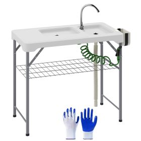 Folding Fish Cleaning Table with Sinks, Portable Camping Sink Table with Faucet, Drainage Hose, Sprayer, Shelf, Drawer and Storage Basket
