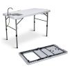 50" Folding Fish Cleaning Table with Sink, Bi-Folding Portable Camping Sink Station with Drain Hose, Trash Can, Foldable Outdoor Sink for Camping