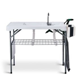 42.5" Fish Cleaning Table with Dual Sink, Portable Folding Camping Table with Foldable Extension Stand, Faucet, Sprayer, Grid Rack & Hose Hook Up