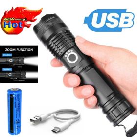 LED Flashlight Zoom USB Rechargeable Super Bright Torch Camping Lamp Work Light (Option: Black)