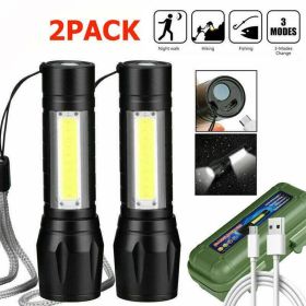 Mini Flashlight LED COB Torch Rechargeable High Lumens Zoomable Adjustable Focus Camping Light 3 Modes For Outdoor Waterproof (Option: 2PCS)