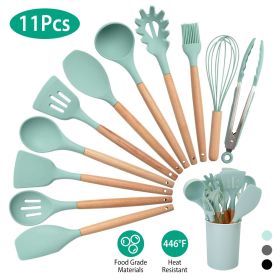 11Pcs Silicone Cooking Utensil Set Heat Resist Wooden Handle Silicone Spatula Turner Ladle Spaghetti Server Tongs Spoon Egg Whish Kitchenware Set w/ H (Color: Light Green)