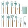 11Pcs Silicone Cooking Utensil Set Heat Resist Wooden Handle Silicone Spatula Turner Ladle Spaghetti Server Tongs Spoon Egg Whish Kitchenware Set w/ H