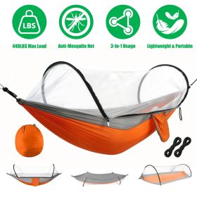 Camping Hammock with Mosquito Net 3-in-1 Portable Hammock Tent with Built-In Mosquito Net Dual-Way Zippers 440lbs Capacity Attached Storage Pocket for (Color: Orange_Grey)
