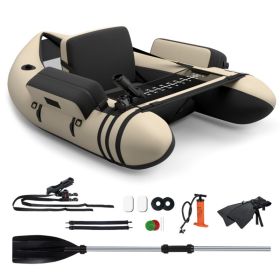 Inflatable Fishing Float Tube with Pump Storage Pockets and Fish Ruler (Color: Beige)